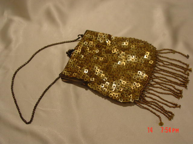 Vintage Gold Sequins & Seed Beads Fringed Purse Handbag