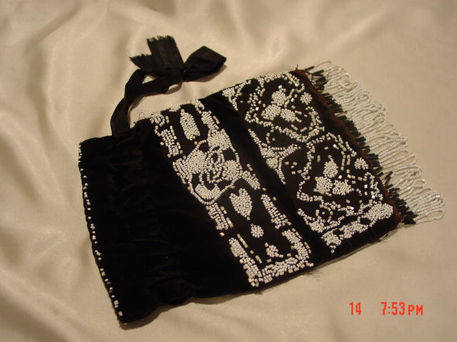 Antique Black Silk and Velvet Drawstring Purse Handbag Embroidered with White Seed Beads