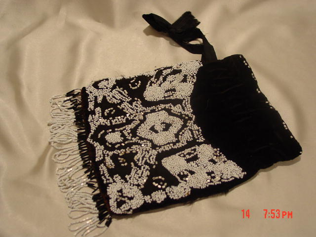 Antique Black Silk and Velvet Drawstring Purse Handbag Embroidered with White Seed Beads