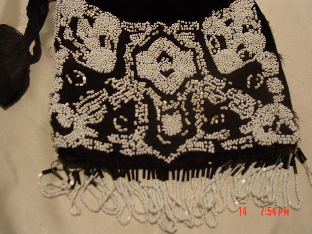 Antique Black Silk and Velvet Drawstring Purse Handbag Embroidered with White Seed Beads