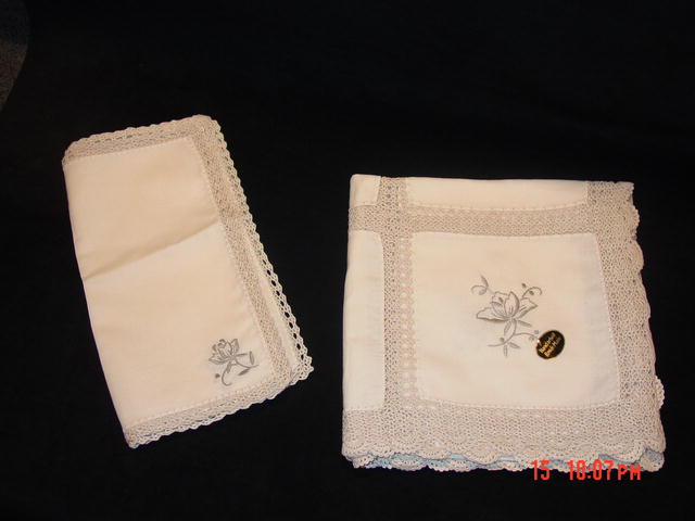 Swiss Handmade Pale Mocha Brode' Main Linen & Crochet Tea Tablecloth & 6 Napkins Set