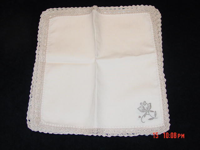 Swiss Handmade Pale Mocha Brode' Main Linen & Crochet Tea Tablecloth & 6 Napkins Set
