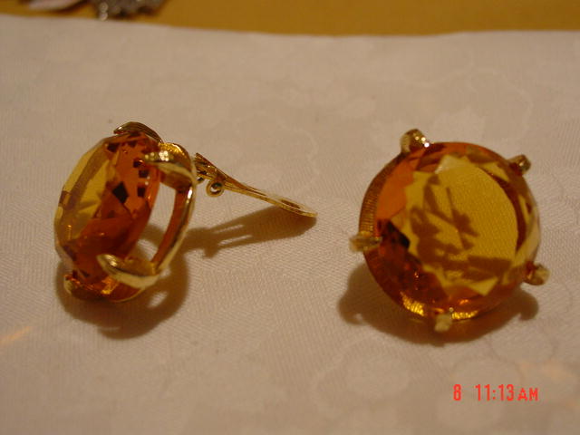 HUGE Clear Faceted Honey Gold Glass Clip Earrings