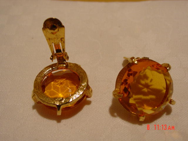 HUGE Clear Faceted Honey Gold Glass Clip Earrings