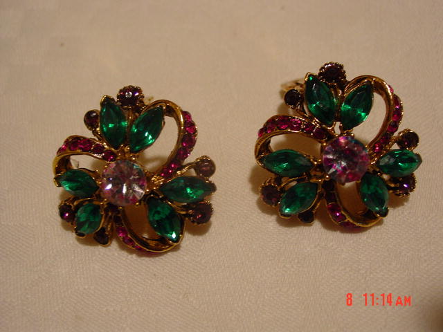 Green & Hot Pink Rhinestone Clip Earrings
