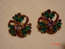 Green & Hot Pink Rhinestone Clip Earrings