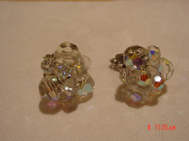 Sparkling Pair of Round Faceted Arora Borealis Crystal Bead Clip Earrings