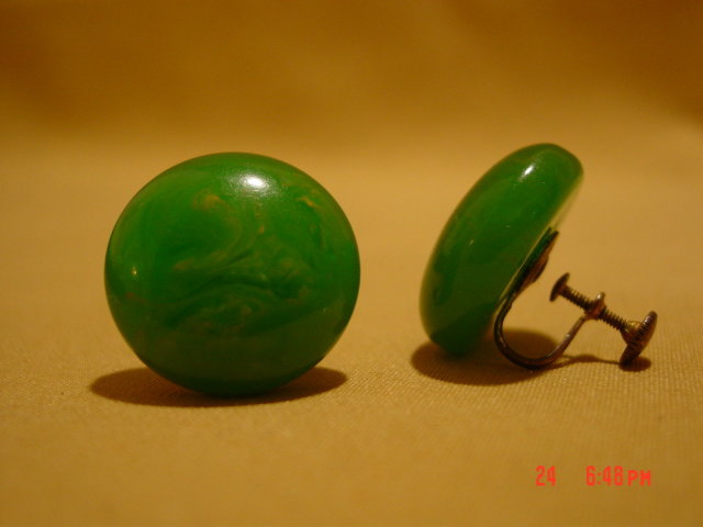 Marbelized Green Bakelite Button Screwback Earrings