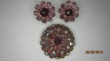 HUGE Signed Schreiner New York Pink Flower Brooch Pendant & Clip Earrings