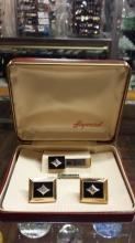 Heyward Gold Filled Onyx & Diamond Cuff Links & Tie Clip Set