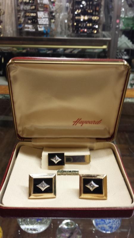 Heyward Gold Filled Onyx & Diamond Cuff Links & Tie Clip Set