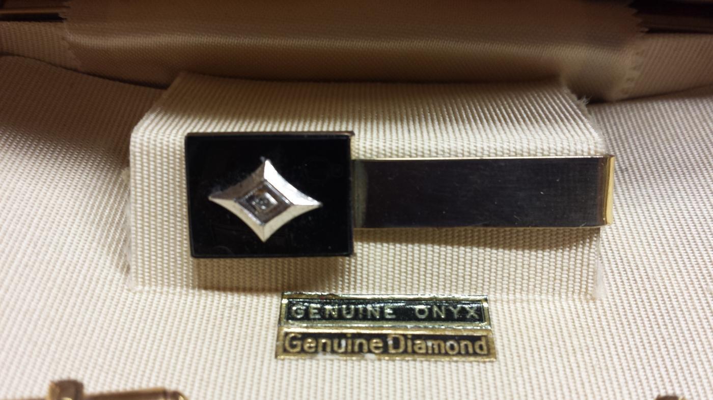 Heyward Gold Filled Onyx & Diamond Cuff Links & Tie Clip Set