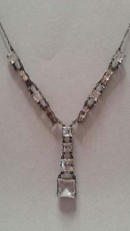 1920's Sterling Art Deco Open Back and Vauxville Mirror Glass Bow Tie Rock Quartz Crystal Necklace