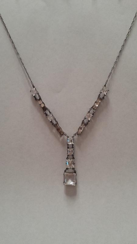 1920's Sterling Art Deco Open Back and Vauxville Mirror Glass Bow Tie Rock Quartz Crystal Necklace