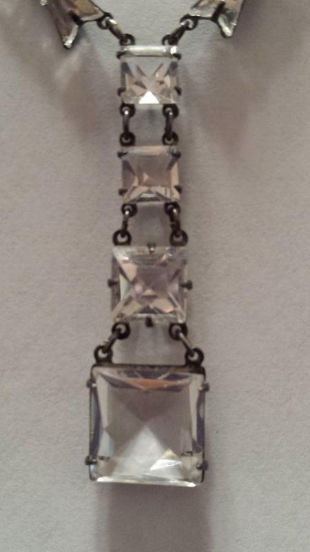1920's Sterling Art Deco Open Back and Vauxville Mirror Glass Bow Tie Rock Quartz Crystal Necklace