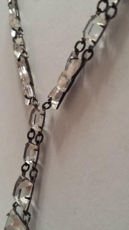 1920's Sterling Art Deco Open Back and Vauxville Mirror Glass Bow Tie Rock Quartz Crystal Necklace