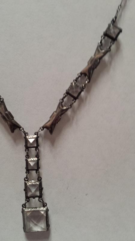 1920's Sterling Art Deco Open Back and Vauxville Mirror Glass Bow Tie Rock Quartz Crystal Necklace