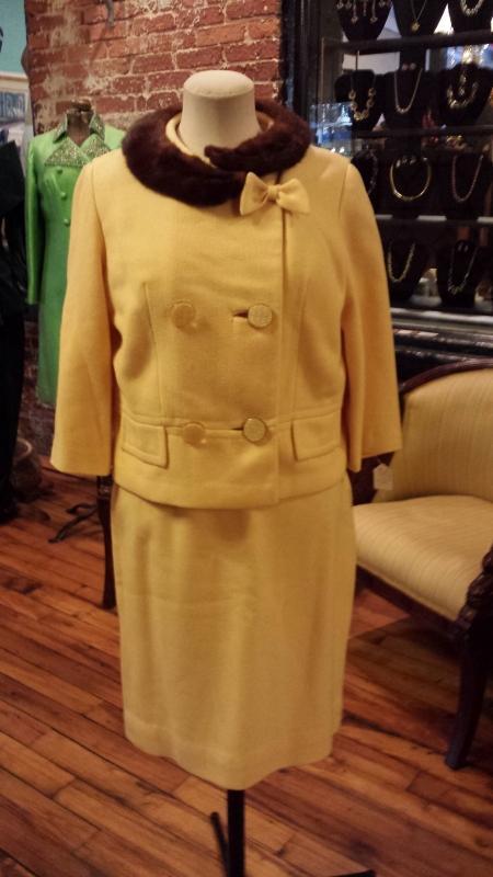 Vintage Jackie O Style Canary Yellow Wool Skirt and Jacket Suit with Mink Collar