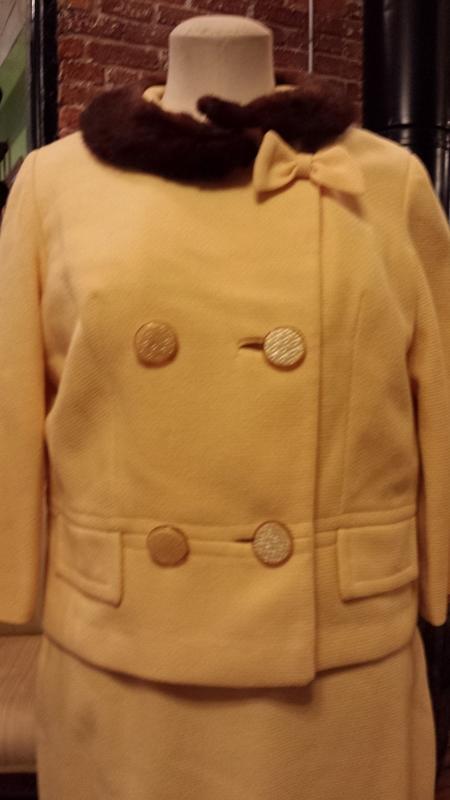 Vintage Jackie O Style Canary Yellow Wool Skirt and Jacket Suit with Mink Collar
