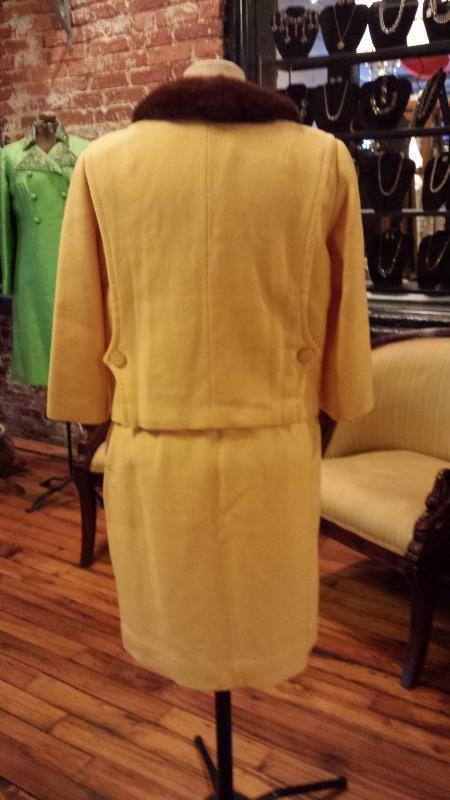 Vintage Jackie O Style Canary Yellow Wool Skirt and Jacket Suit with Mink Collar