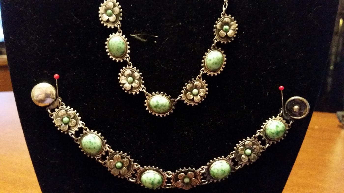 Antique Etruscan Sterling & Jadeite Necklace & Bracelet