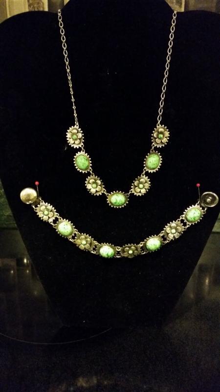 Antique Etruscan Sterling & Jadeite Necklace & Bracelet