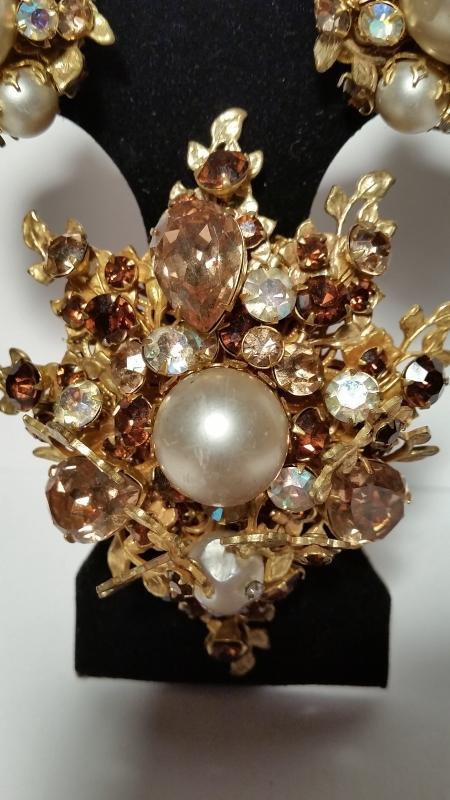 Robert DeMario Baroque Pearl & Rhinestone Brooch & Clip Earrings
