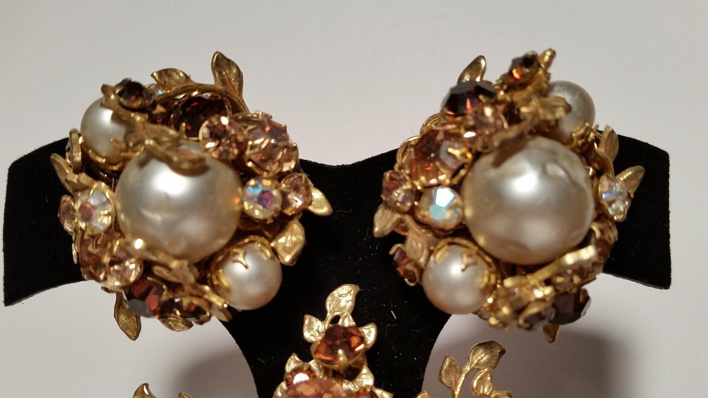 Robert DeMario Baroque Pearl & Rhinestone Brooch & Clip Earrings