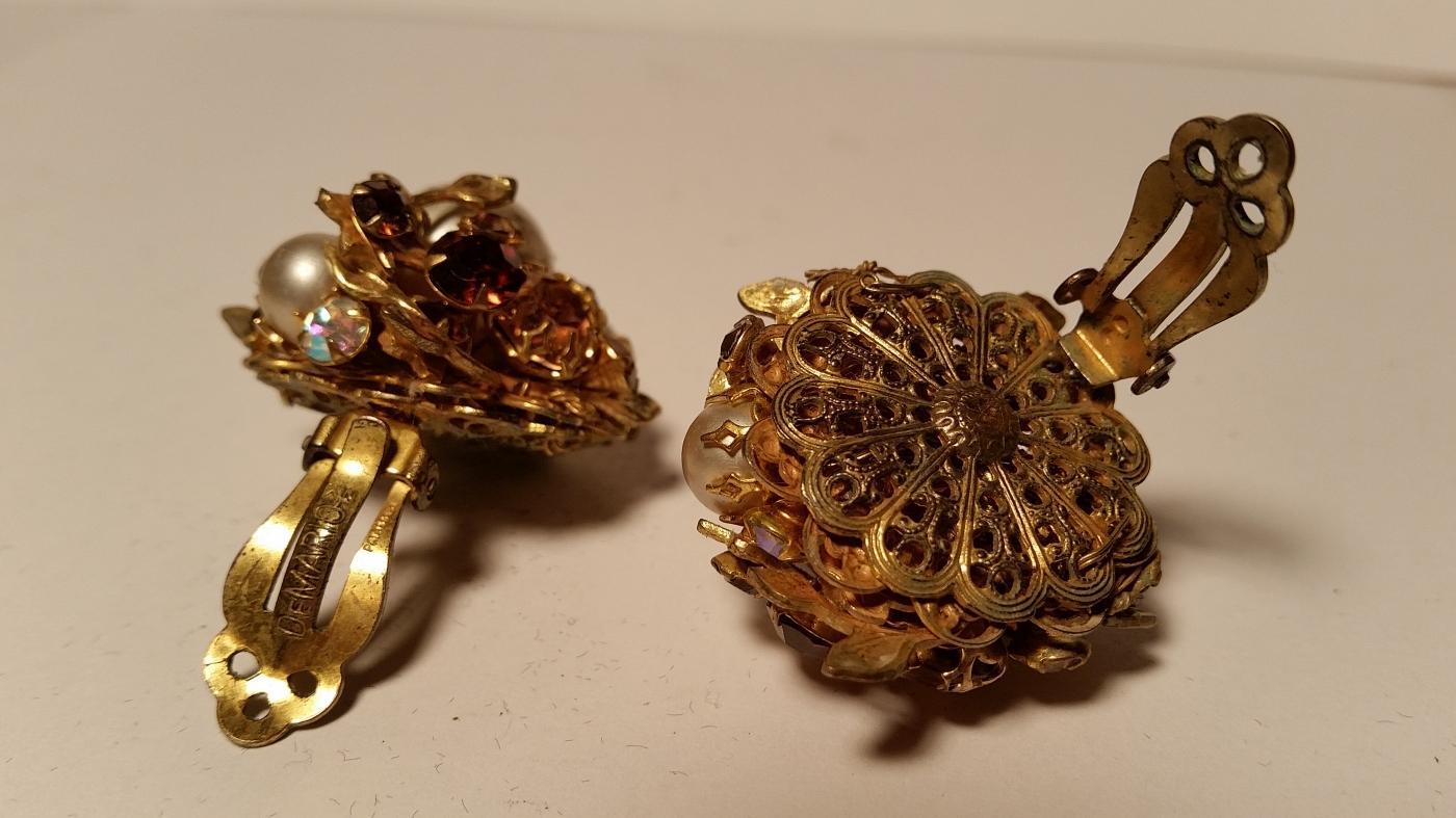 Robert DeMario Baroque Pearl & Rhinestone Brooch & Clip Earrings