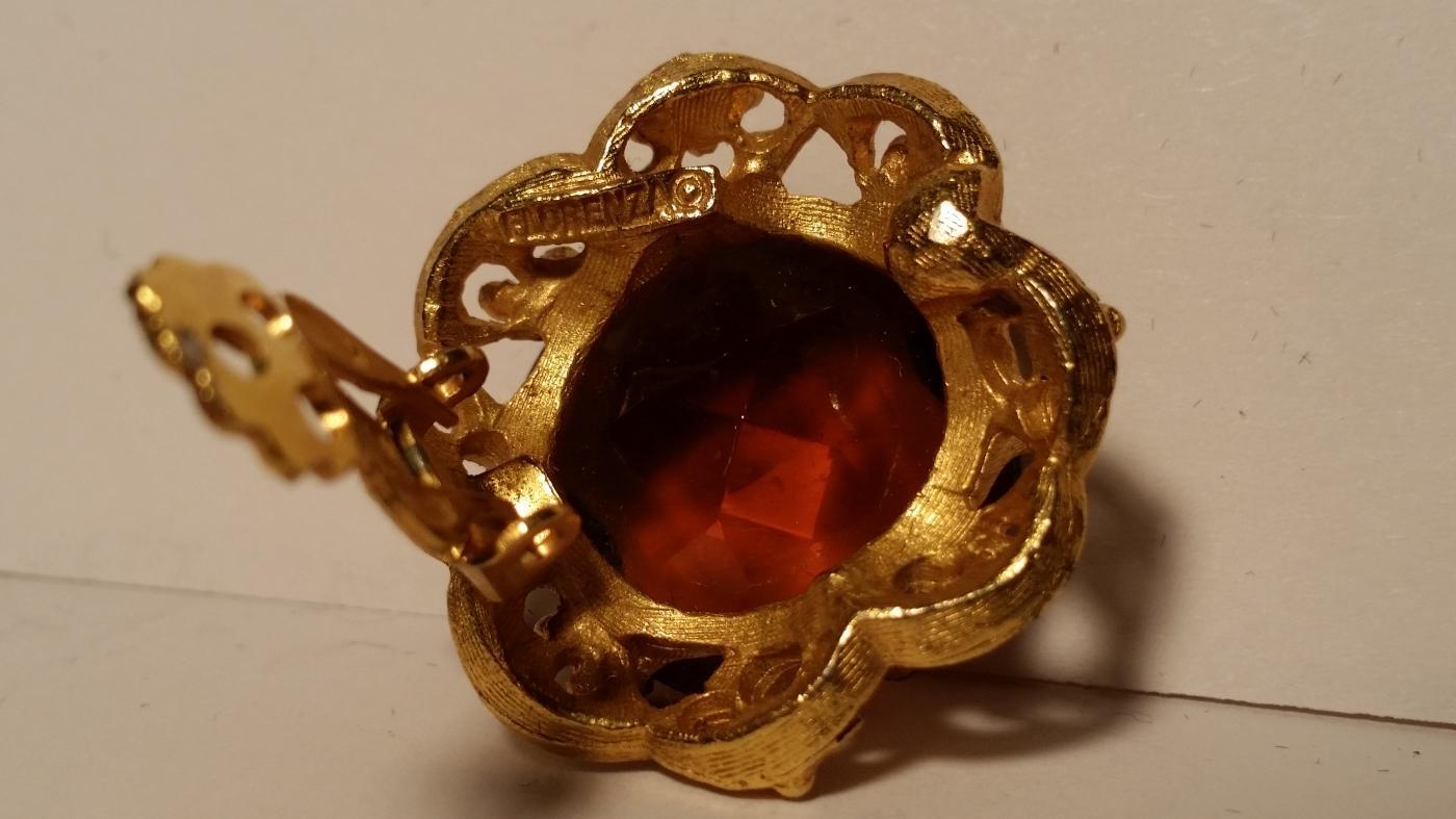 Florenza Amber Stone Pendant Brooch & Clip Earrings