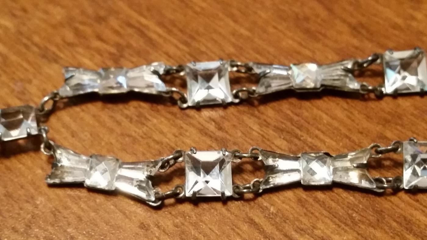 1920's Sterling Art Deco Open Back and Vauxville Mirror Glass Bow Tie Rock Quartz Crystal Necklace