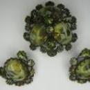 Signed SCHREINER Glass Olivine Topaz Domed Brooch & Clip Earrings