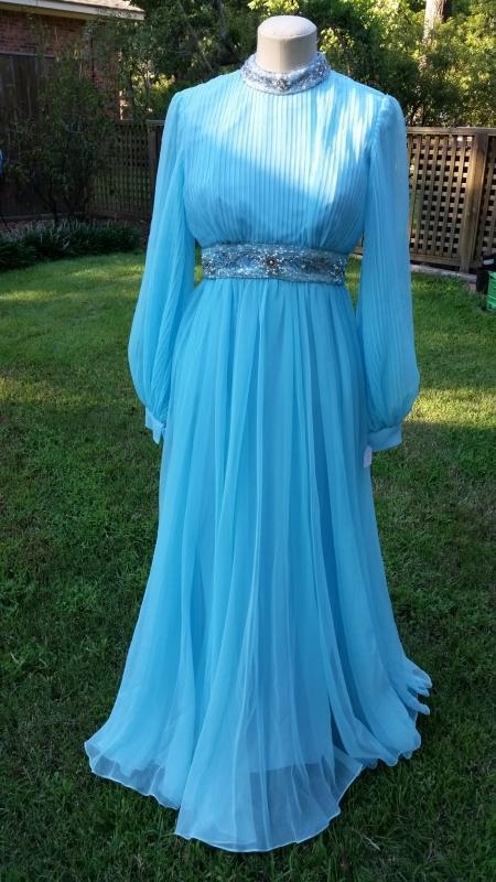 Vintage 70's Baby Blue Crepe Chiffon Evening Gown