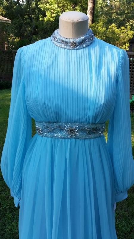 Vintage 70's Baby Blue Crepe Chiffon Evening Gown