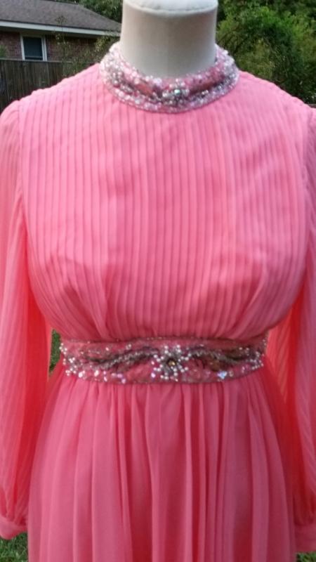 Vintage 70's Coral Crepe Chiffon Evening Gown