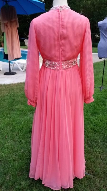 Vintage 70's Coral Crepe Chiffon Evening Gown