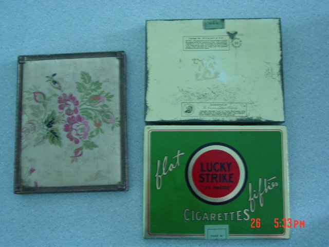 Green Lucky Strike Flat Fifties Cigarette Tin With Embroidered Silk Fitted Frame Lid