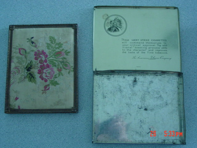 Green Lucky Strike Flat Fifties Cigarette Tin With Embroidered Silk Fitted Frame Lid