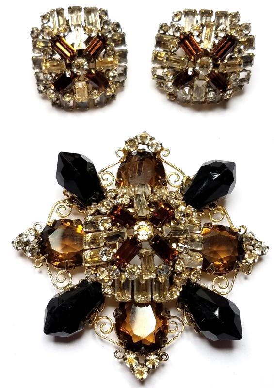 Schreiner Amber, Black & Clear Crystal Brooch & Clip Earrings