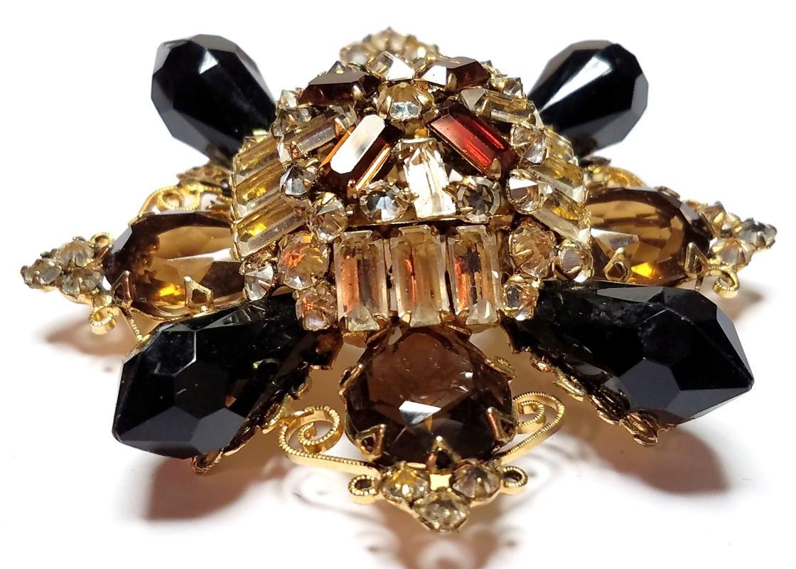 Schreiner Amber, Black & Clear Crystal Brooch & Clip Earrings