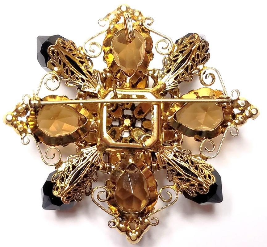Schreiner Amber, Black & Clear Crystal Brooch & Clip Earrings