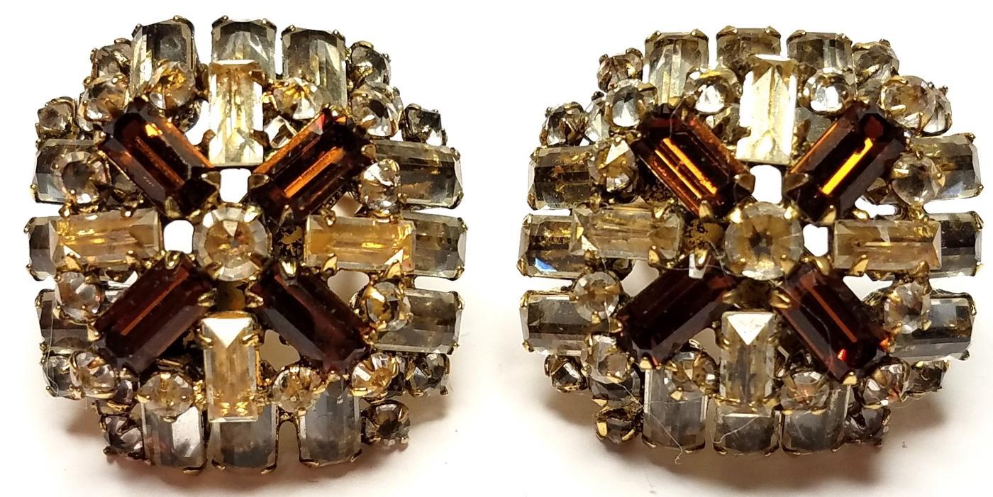 Schreiner Amber, Black & Clear Crystal Brooch & Clip Earrings