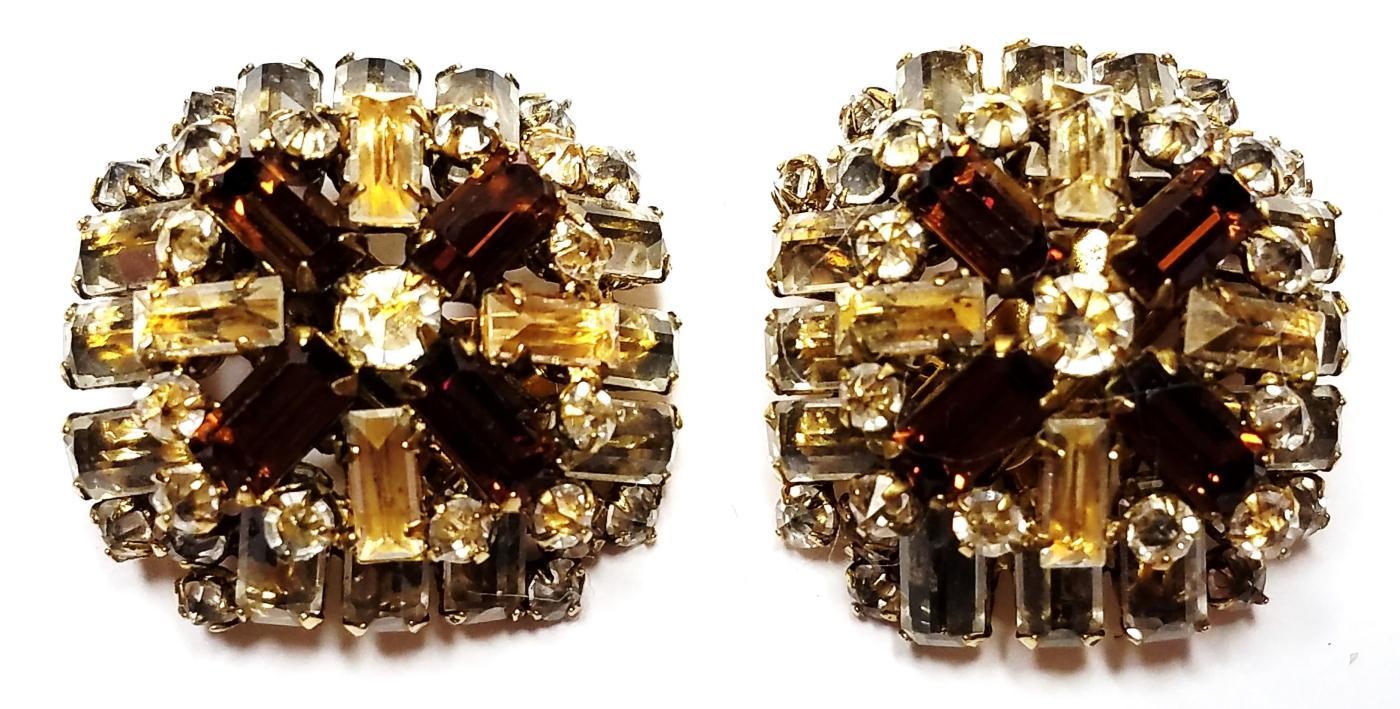 Schreiner Amber, Black & Clear Crystal Brooch & Clip Earrings