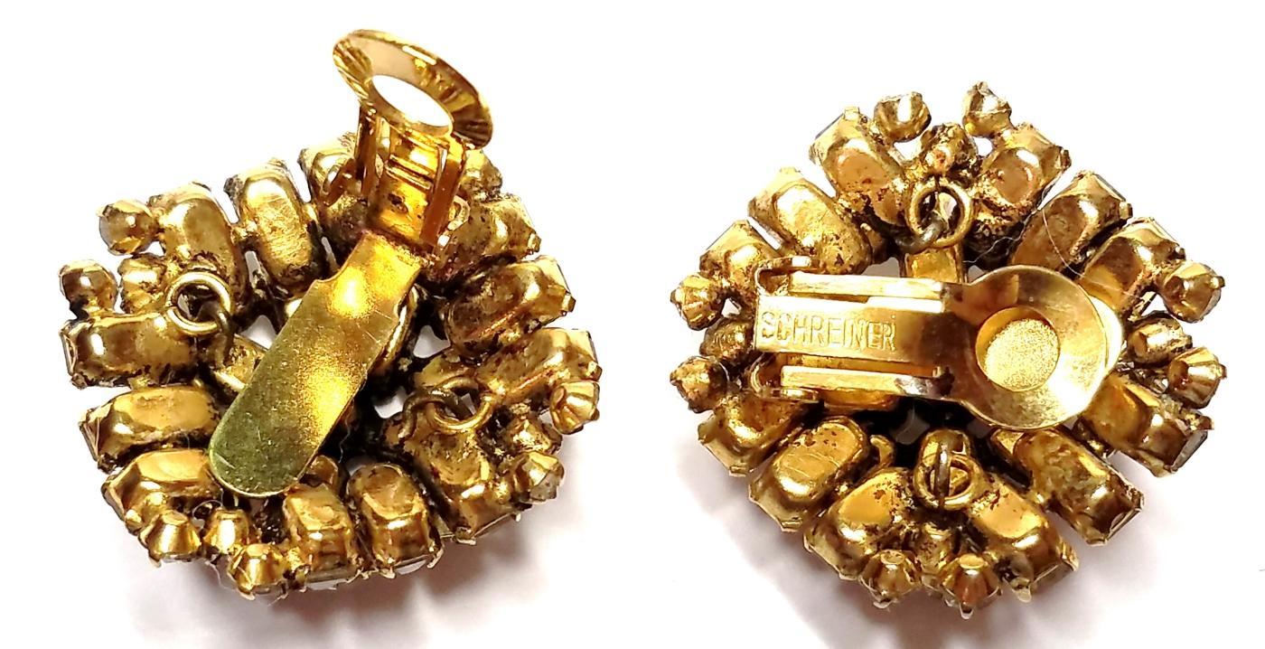 Schreiner Amber, Black & Clear Crystal Brooch & Clip Earrings
