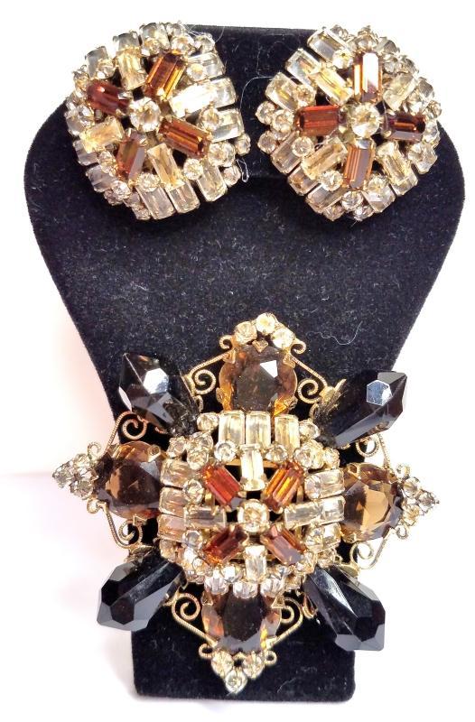 Schreiner Amber, Black & Clear Crystal Brooch & Clip Earrings