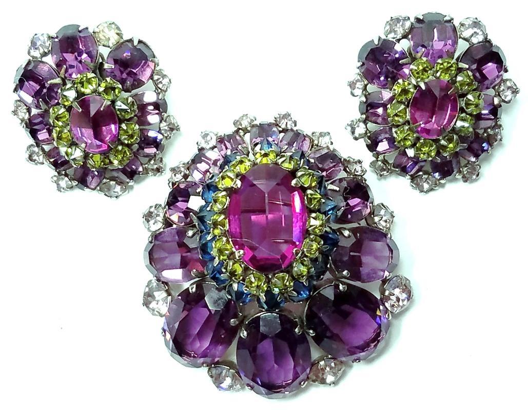Schreiner Domed Amethyst Brooch/Pendant & Clip Earrings