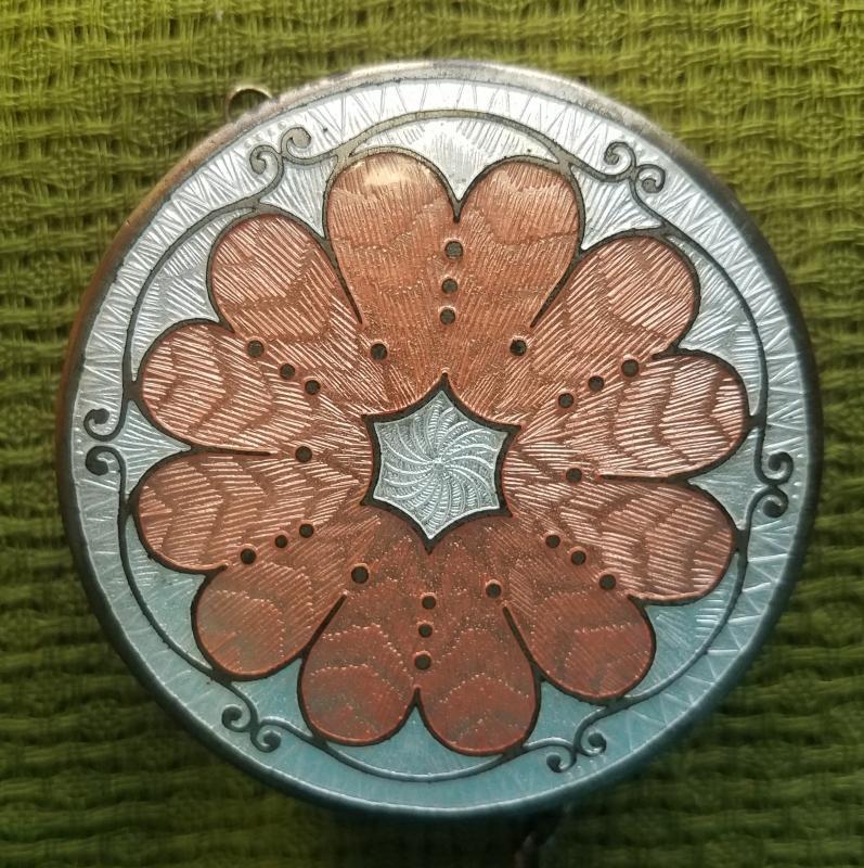 Antique Round Guilloche Enamel Necessaire' Powder Dance Compact with Finger Ring