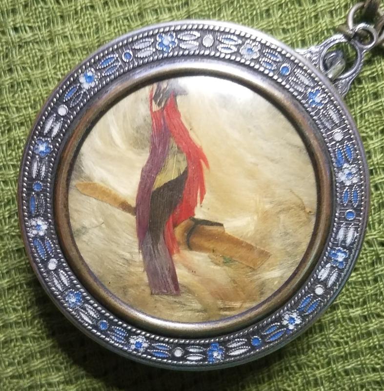 Antique Necessaire Compact Bracelet with Feather Bird on Lid