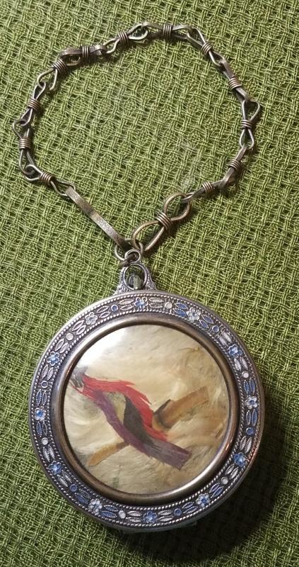 Antique Necessaire Compact Bracelet with Feather Bird on Lid