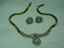 Gold Necklace & Screwback Earrings with Blue Moonstones & Clear Rhinestones